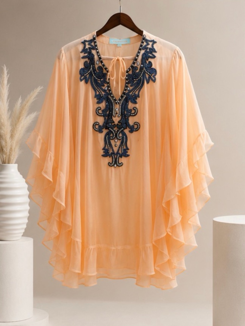 Peach Chiffon Embellished Kaftan Top with Navy Applique